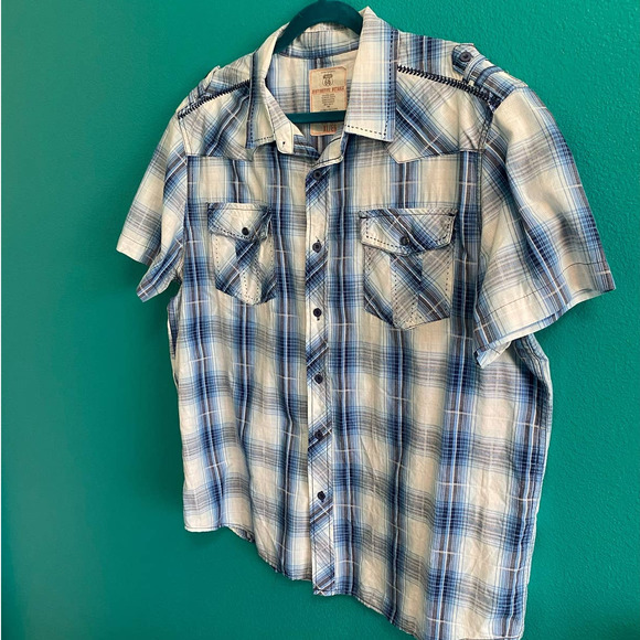 Vintage Route 66 Blue Plaid Short Sleeve Button Down Shirt Men's XL - Picture 5 of 10